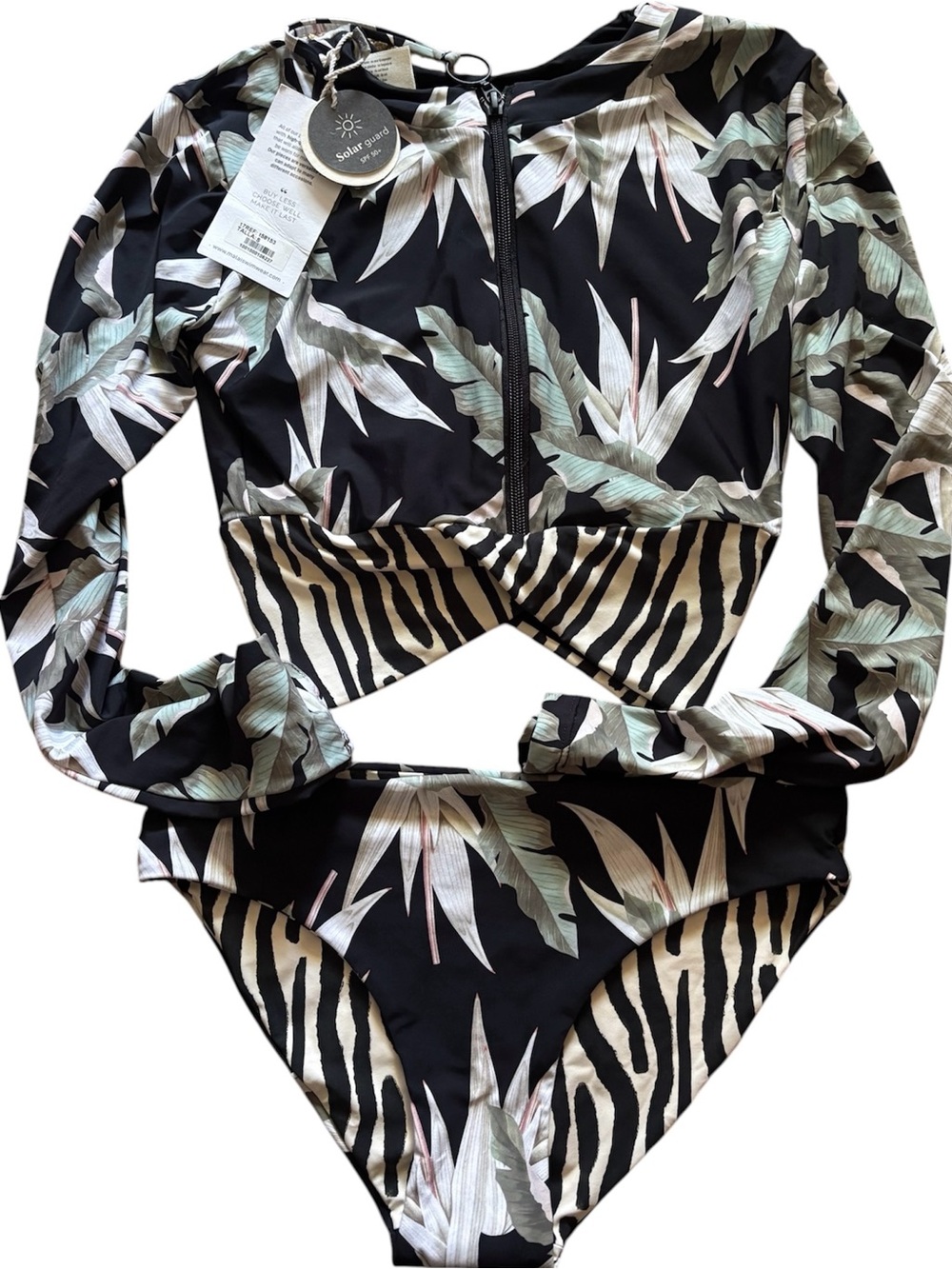 NWT Malai Black Floral LS Swim top /Sun Guard  & Bikini Bottom Set size S Beach